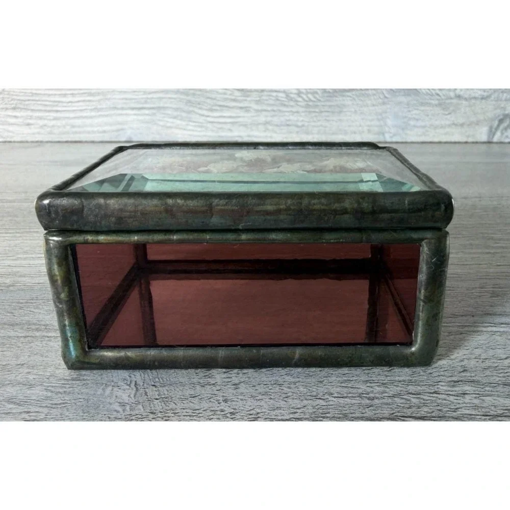 Vtg 1989 Leaded Beveled Glass Stain Glass Dried Flowers Trinket Box Hinged